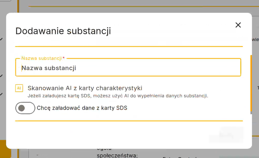 Dodawanie substancji – opcja skanowania AI z karty SDS