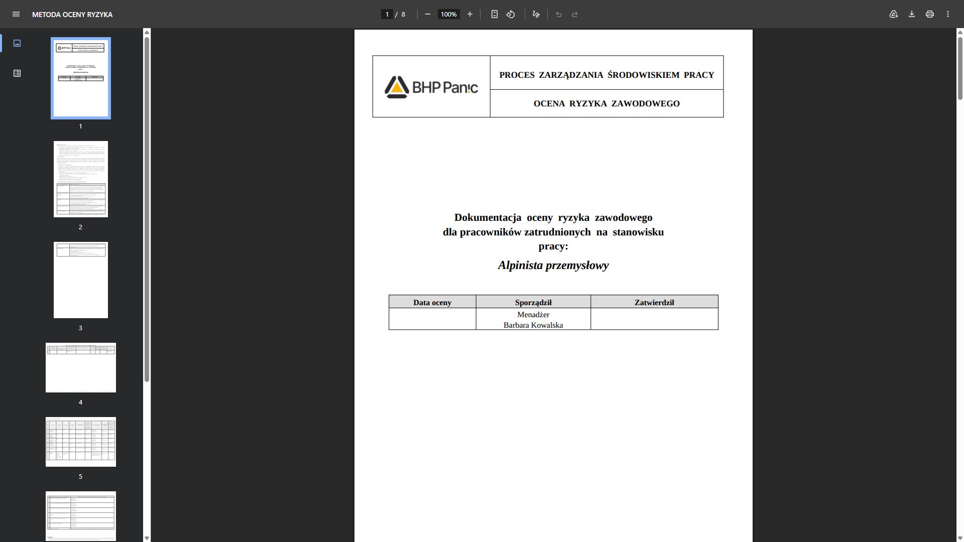 Dokument oceny ryzyka zawodowego w formacie PDF