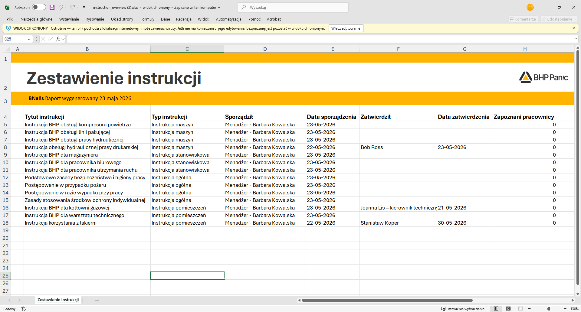 Zestawienie instrukcji BHP w module Raporty
