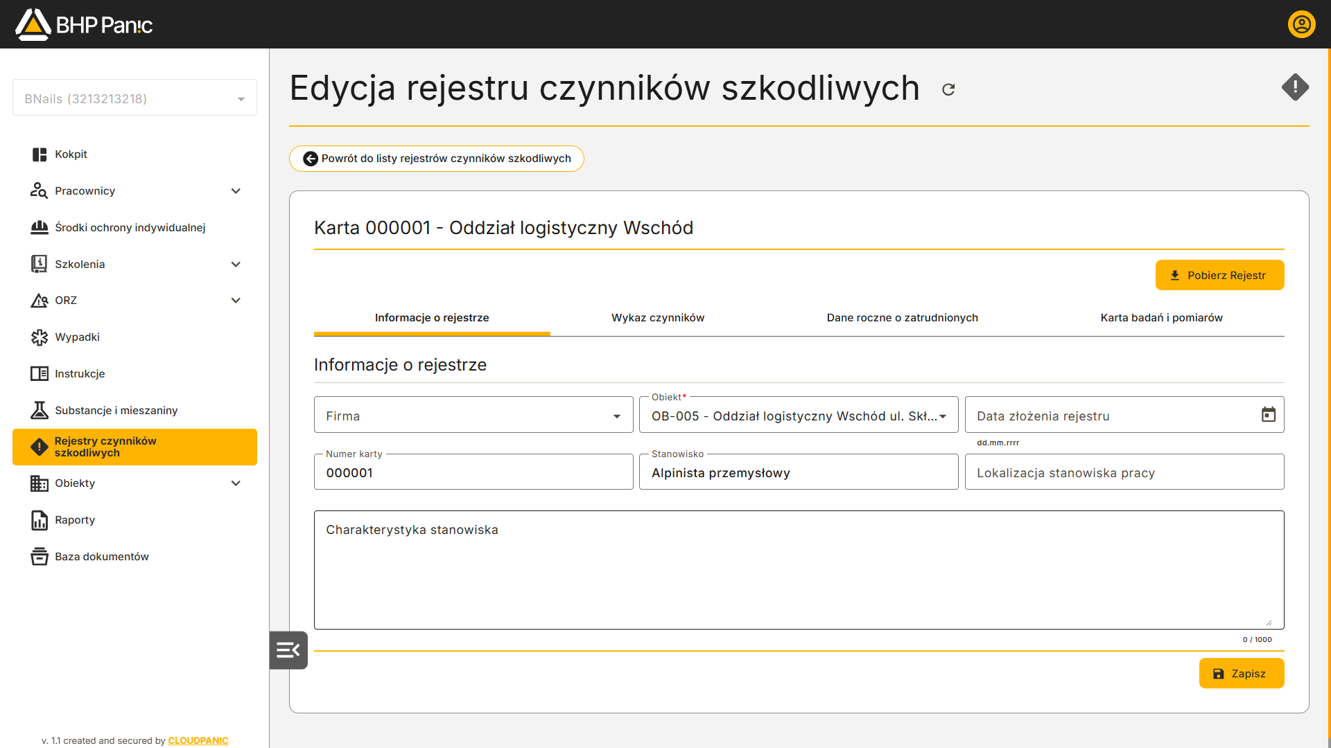 Edycja informacji o rejestrze czynników szkodliwych dla obiektu