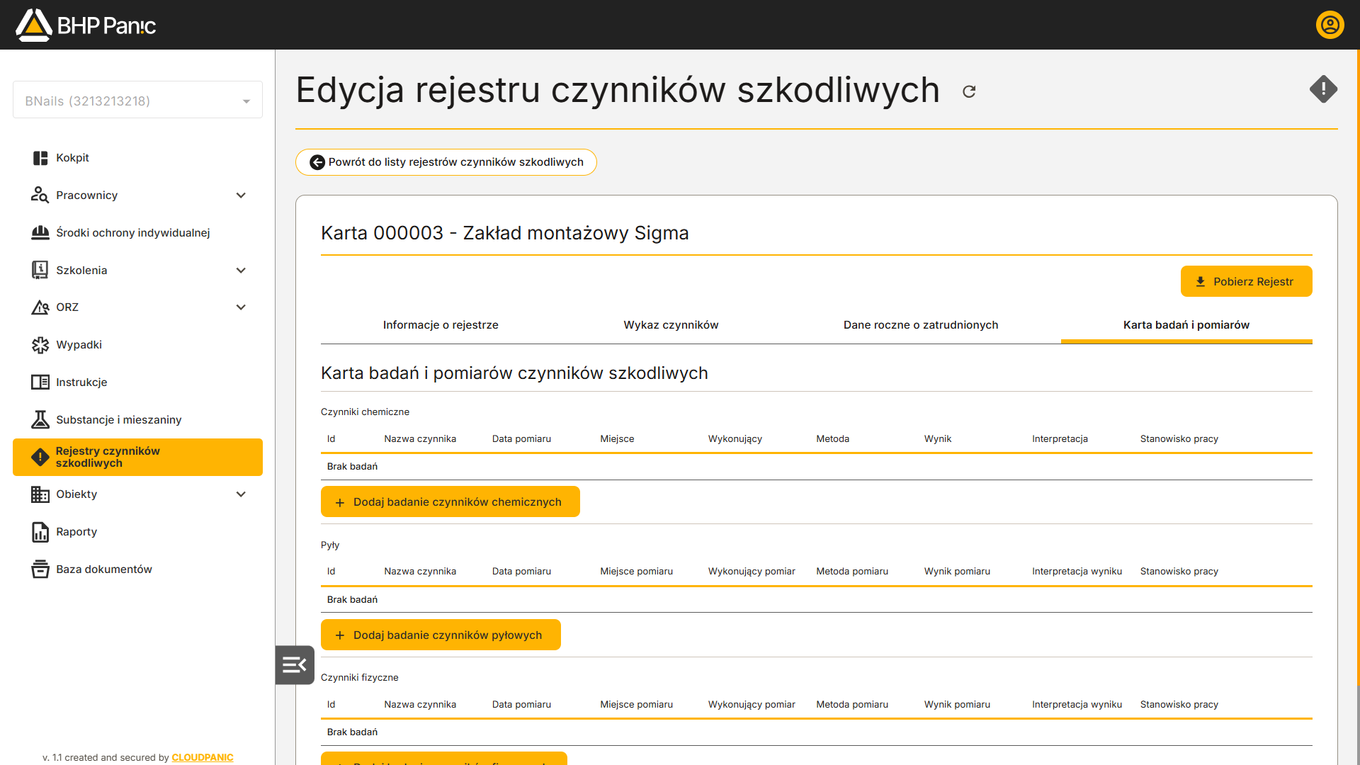 Karta badań i pomiarów czynników szkodliwych dla zakładu montażowego