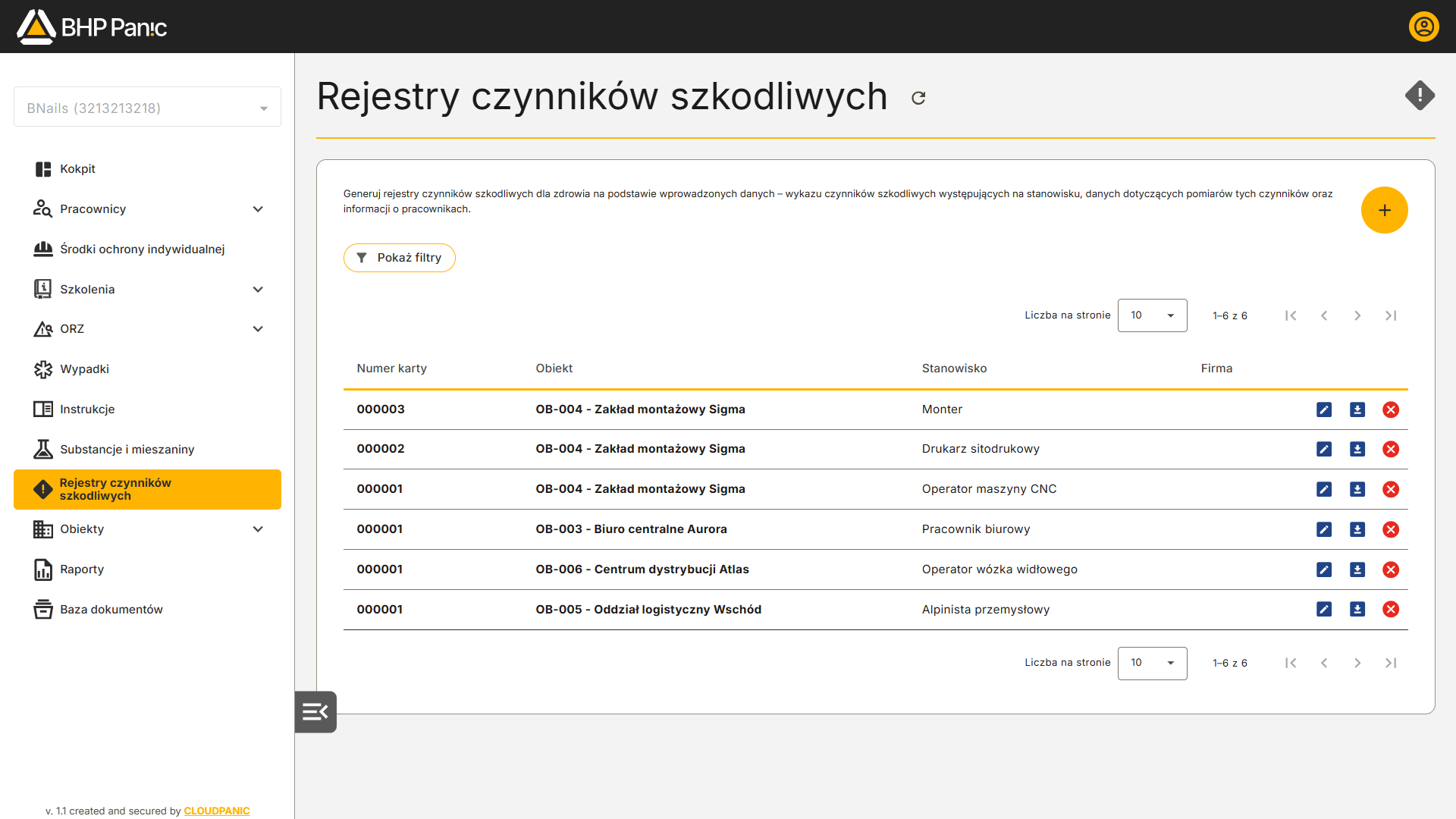 Lista rejestrów czynników szkodliwych i uciążliwych w środowisku pracy