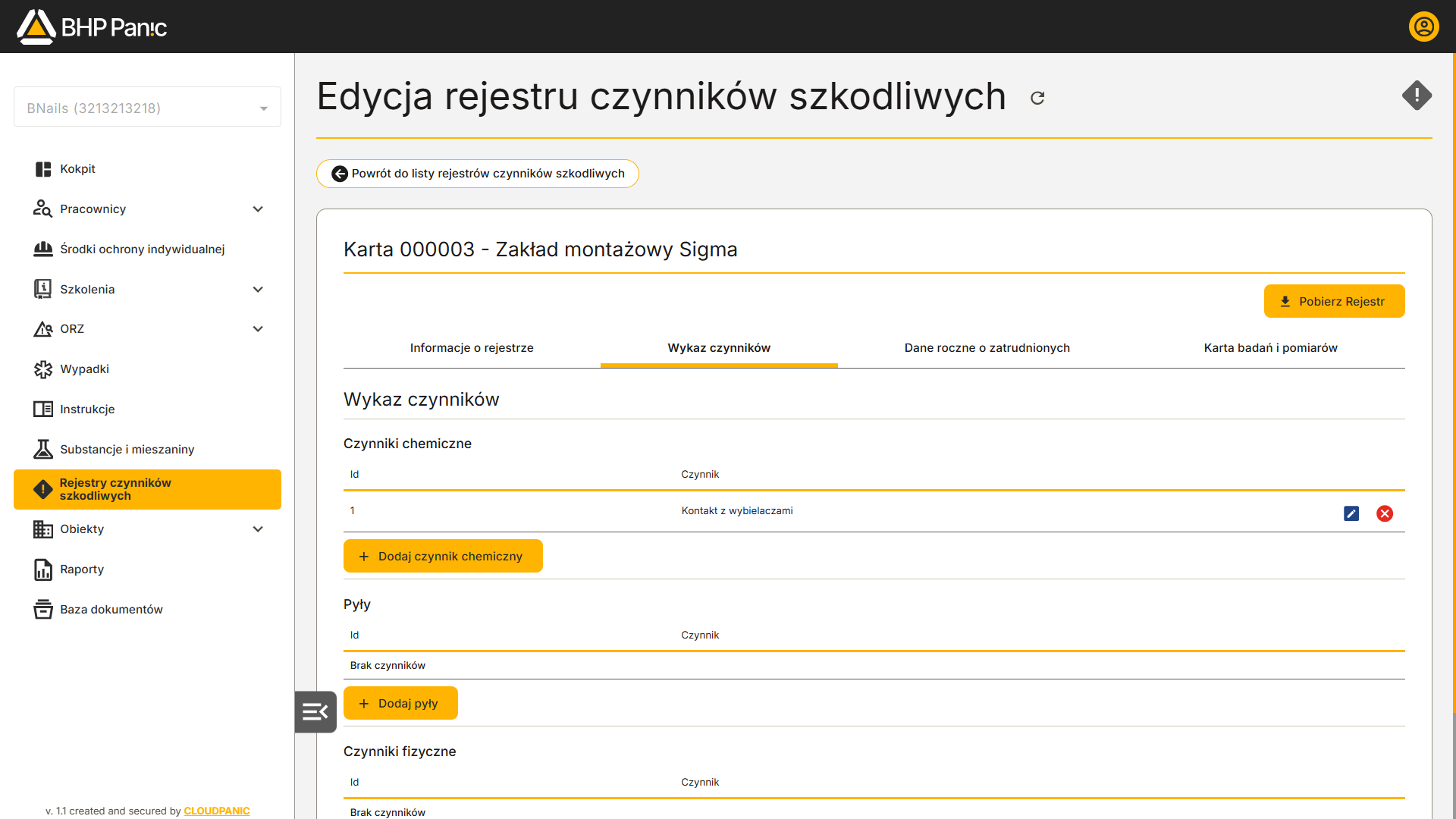 Wykaz czynników chemicznych, fizycznych i pyłów