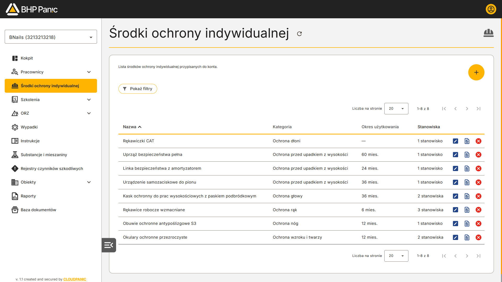 Lista środków ochrony indywidualnej (ŚOI) w ewidencji