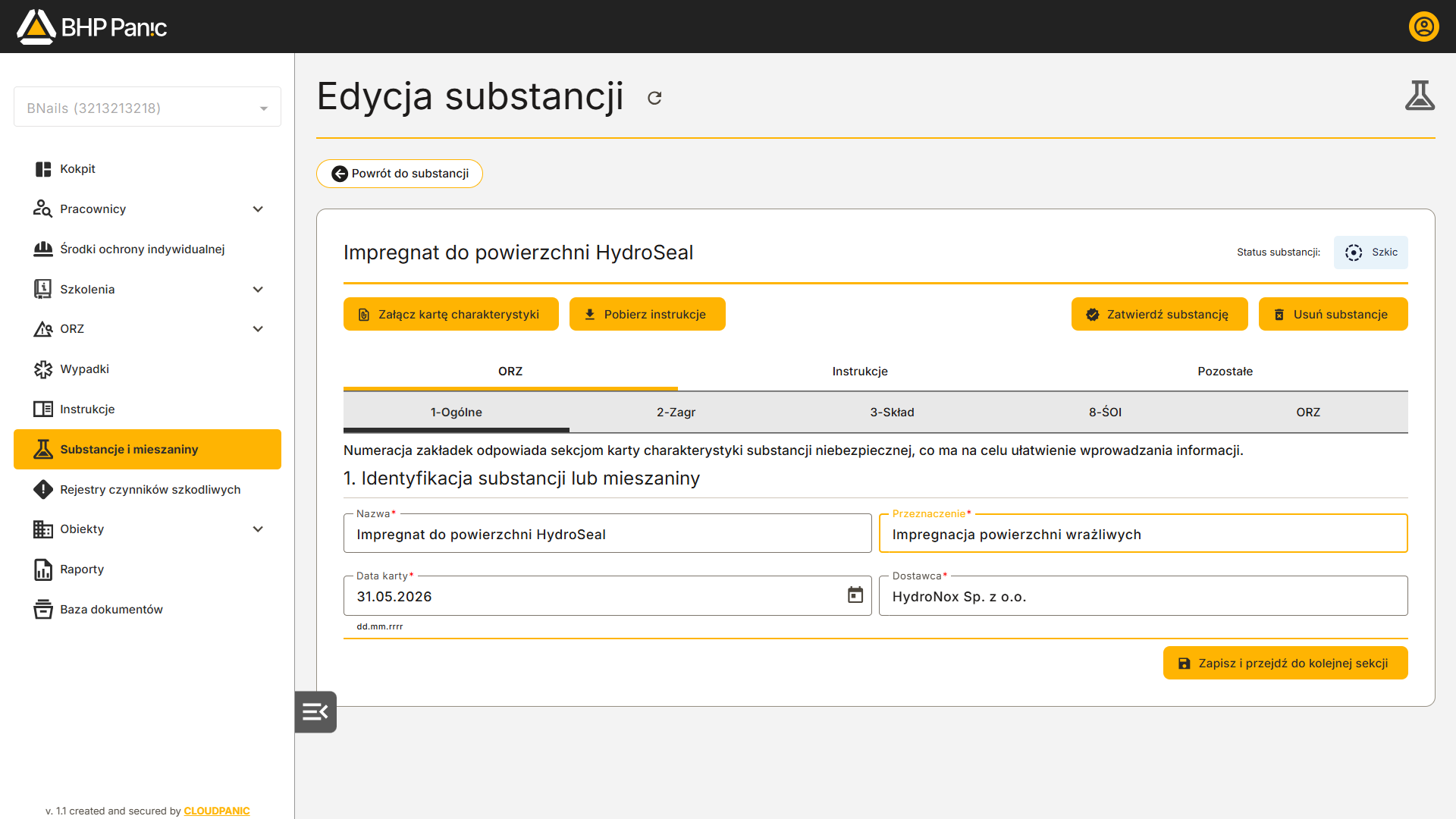 Edycja danych substancji chemicznej – dane, klasyfikacja CLP i karta SDS