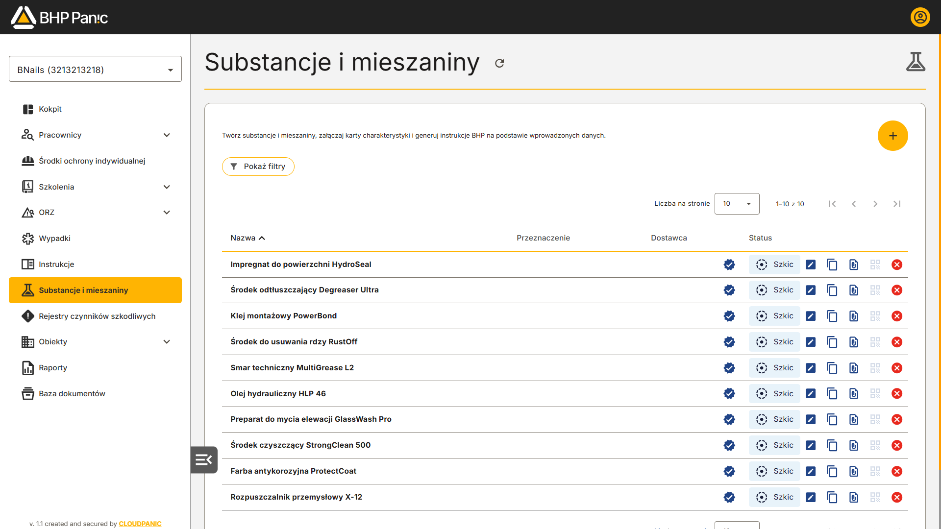 Lista substancji chemicznych i mieszanin w ewidencji firmy