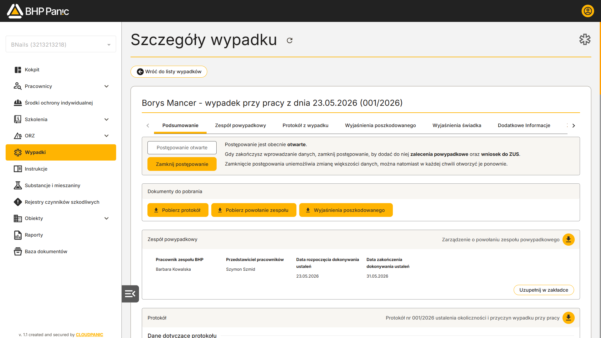 Szczegóły zdarzenia wypadkowego – podsumowanie, zespół powypadkowy, protokół ustalenia okoliczności i przyczyn wypadku